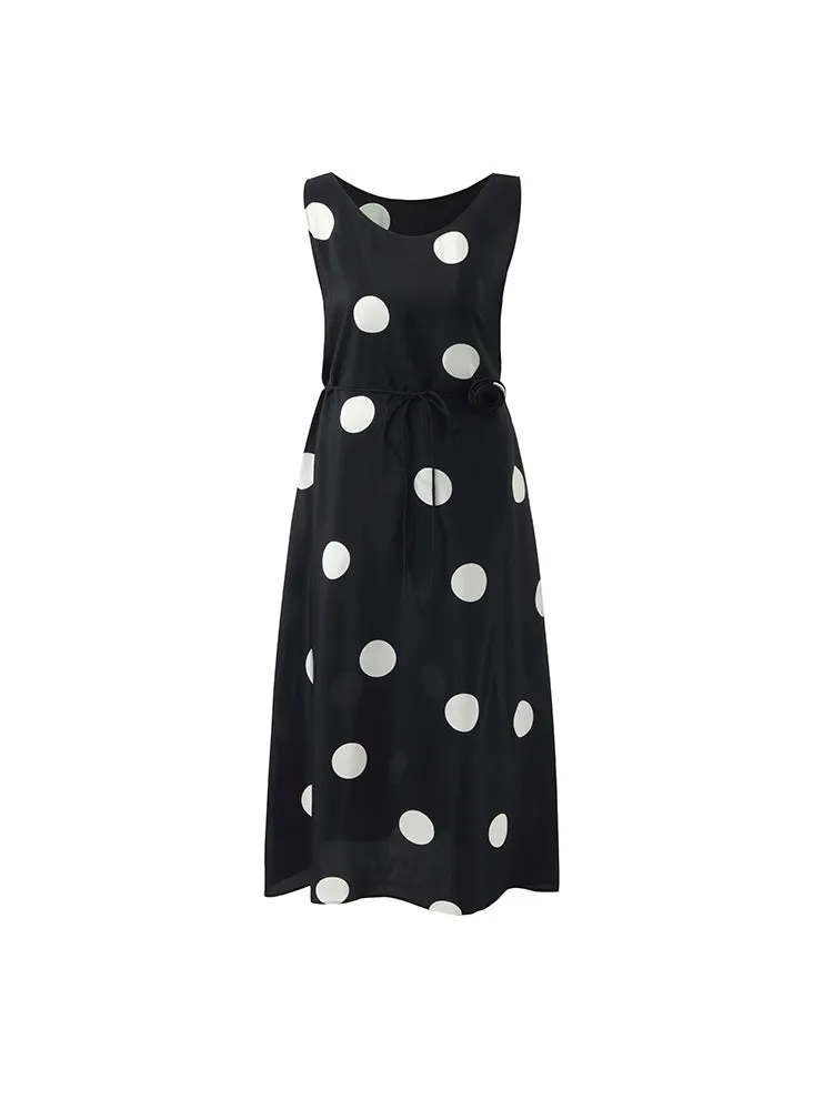 16 Momme Mulberry Silk Polka Dots Printed Women Vest Midi Dress With Belt And Rose Clip And Bottomed Skirt