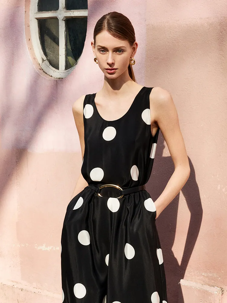 16 Momme Mulberry Silk Polka Dots Printed Women Vest Midi Dress With Belt And Rose Clip And Bottomed Skirt