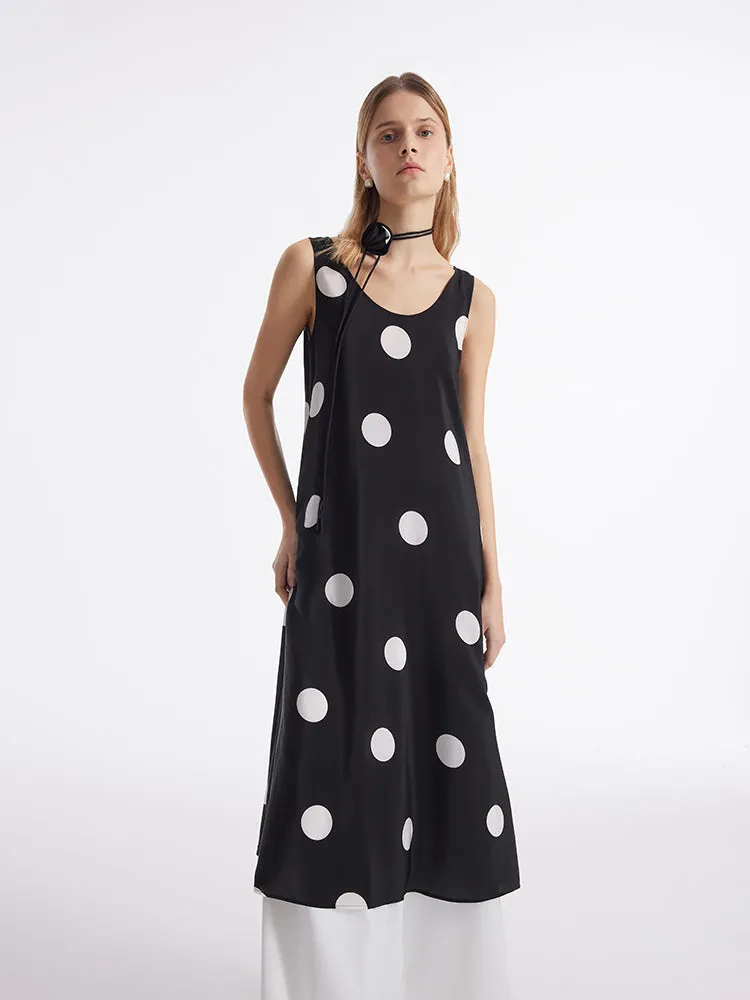 16 Momme Mulberry Silk Polka Dots Printed Women Vest Midi Dress With Belt And Rose Clip And Bottomed Skirt