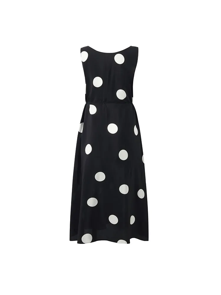 16 Momme Mulberry Silk Polka Dots Printed Women Vest Midi Dress With Belt And Rose Clip And Bottomed Skirt