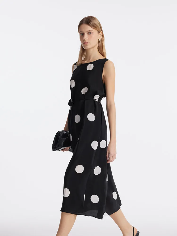 16 Momme Mulberry Silk Polka Dots Printed Women Vest Midi Dress With Belt And Rose Clip And Bottomed Skirt