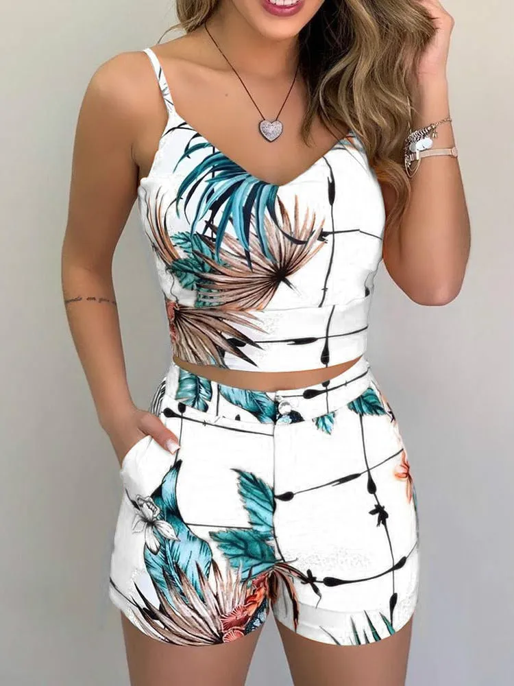 2 Piece Set Spaghetti Strap Crop Top & Short