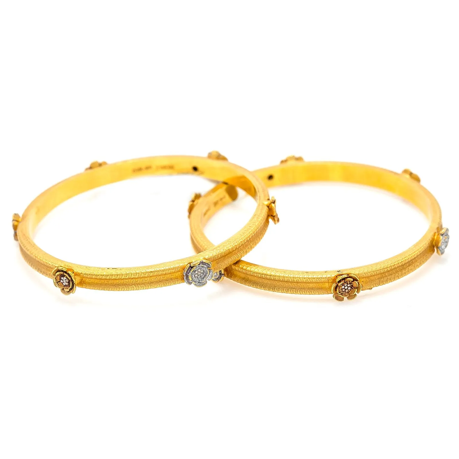 22K Multi Tone Gold Bangles for Kids Set of 2 W/ Faceted Flower Accents