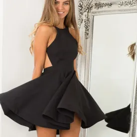 A-Line Jewel Sleeveless Backless Short Black Short Satin Homecoming Dresses, TYP1021