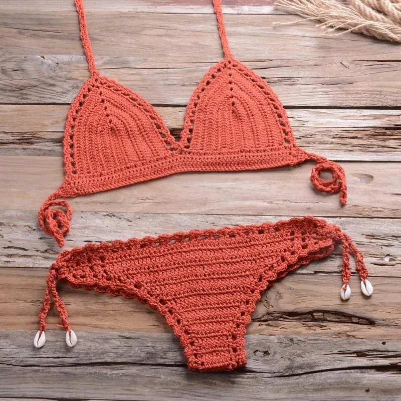 All-Matching Handmade Weaving Hollow Out Cutout Beach Women Split Bikini Swimsuit Shell Shorts Suit