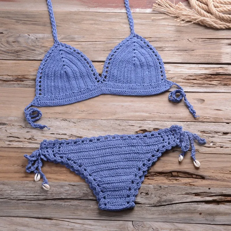 All-Matching Handmade Weaving Hollow Out Cutout Beach Women Split Bikini Swimsuit Shell Shorts Suit