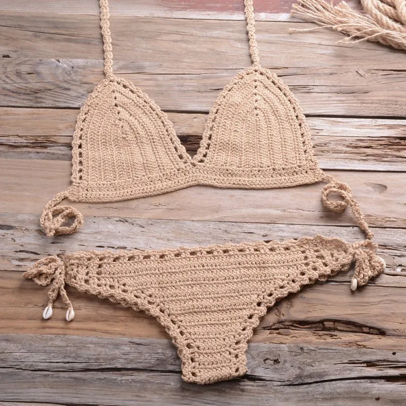 All-Matching Handmade Weaving Hollow Out Cutout Beach Women Split Bikini Swimsuit Shell Shorts Suit