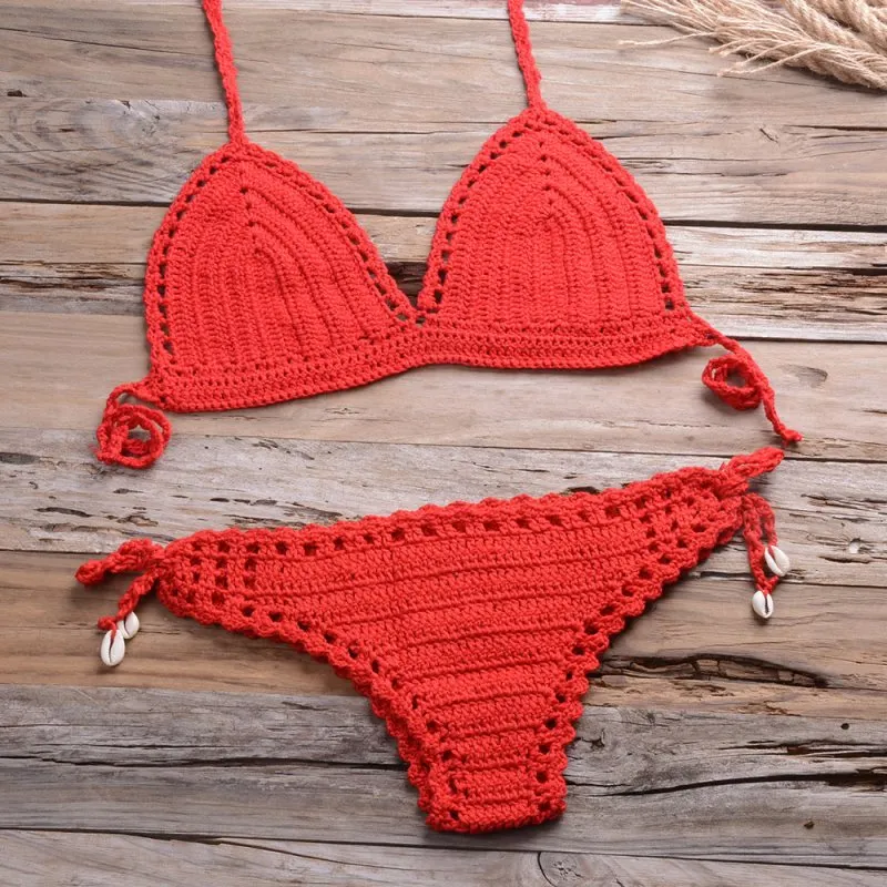 All-Matching Handmade Weaving Hollow Out Cutout Beach Women Split Bikini Swimsuit Shell Shorts Suit