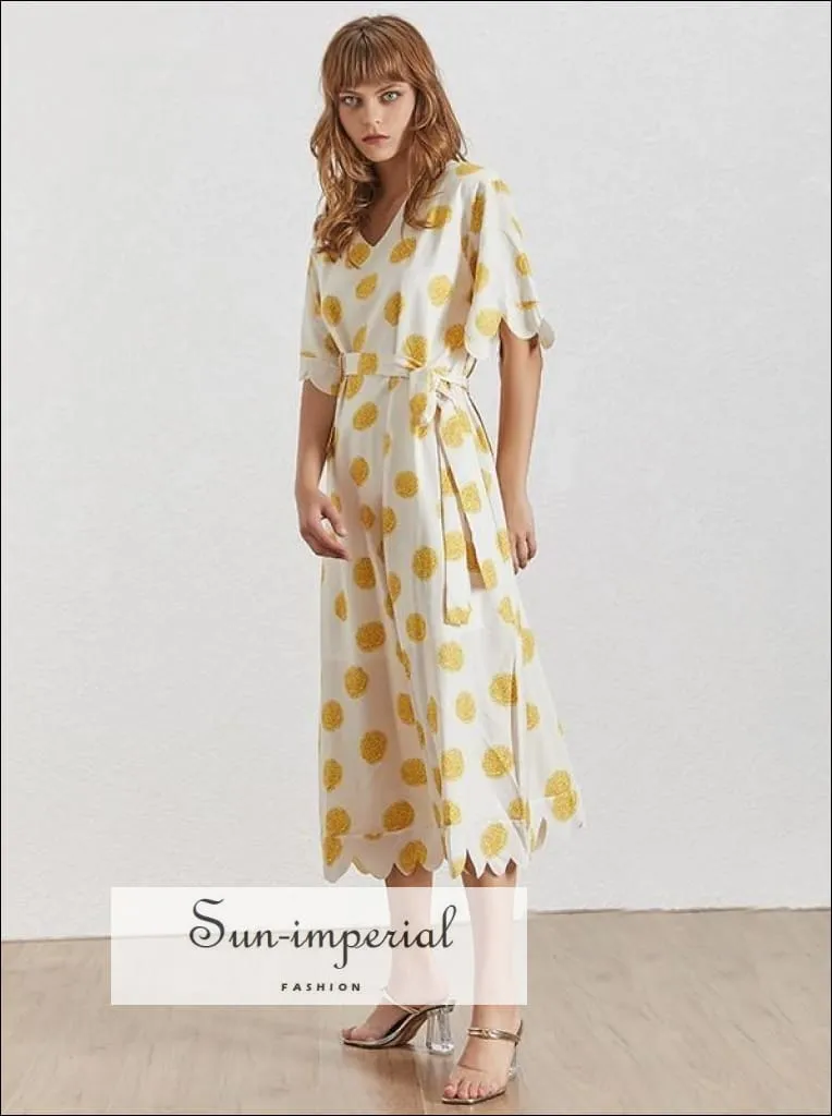 Andrea Dress in Sunrise - Flower Print Women Dress V Neck Half Sleeve Belted Midi Dress