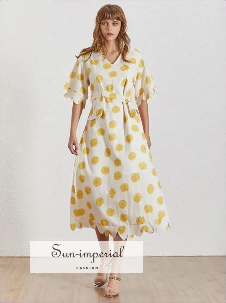 Andrea Dress in Sunrise - Flower Print Women Dress V Neck Half Sleeve Belted Midi Dress