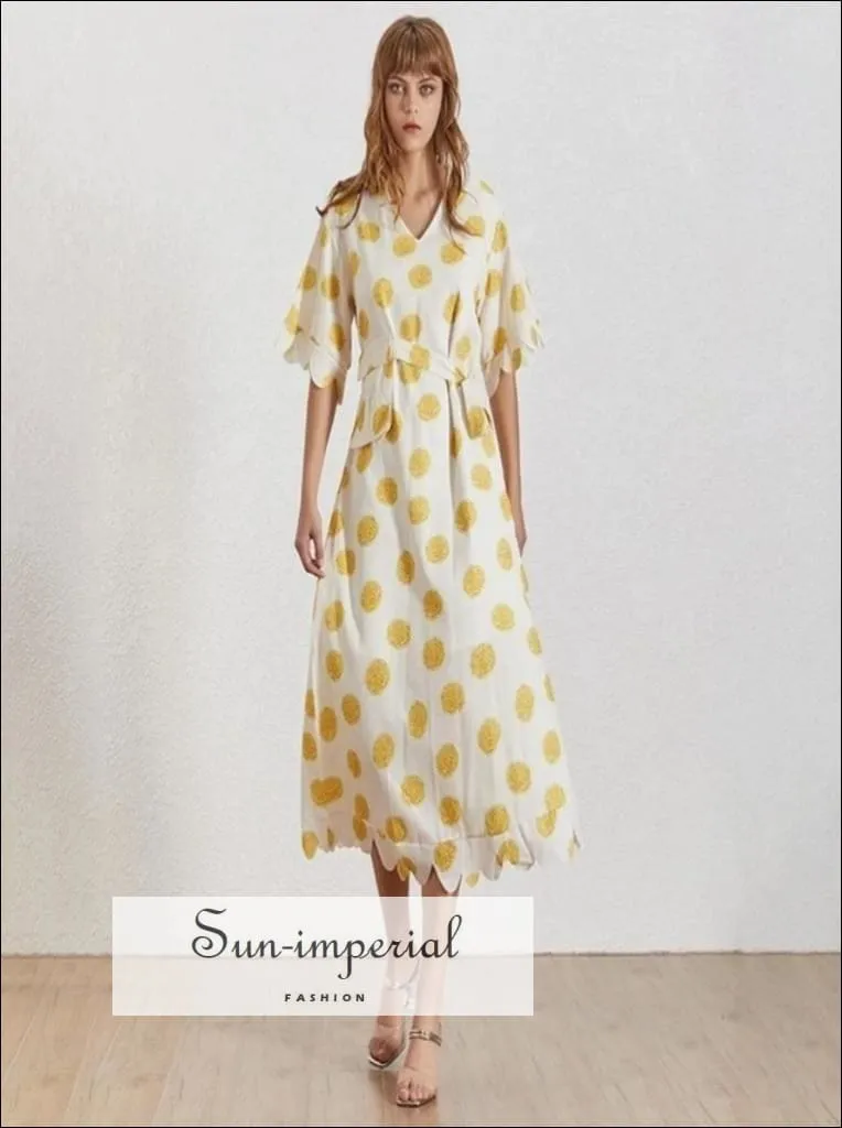 Andrea Dress in Sunrise - Flower Print Women Dress V Neck Half Sleeve Belted Midi Dress