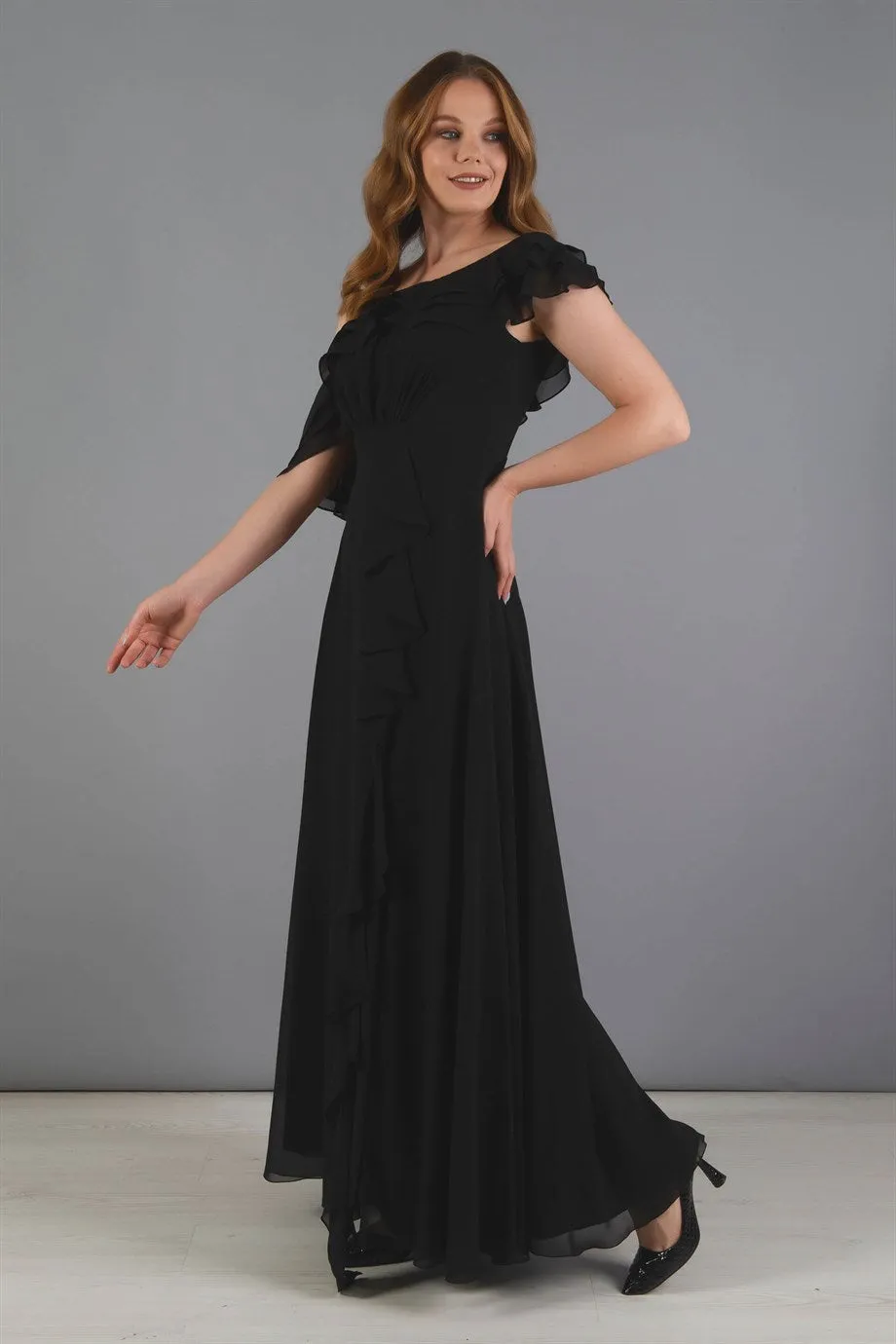 Angelino Black Chiffon Shoulder Dress with Flane Slit Dress