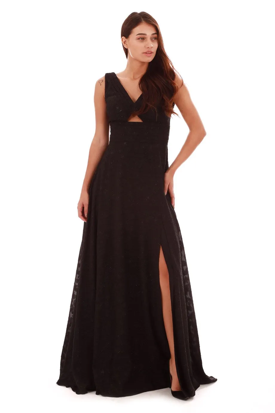 Angelino Black Leopard Patterned Slit Long Evening Dress