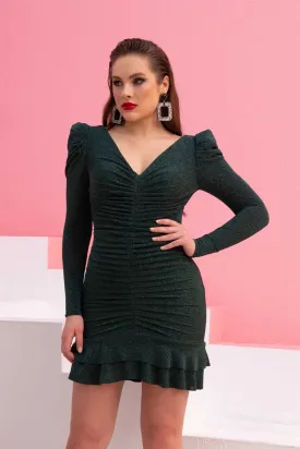 Angelino Green Knitting Ruffle Long Sleeve Evening Dress