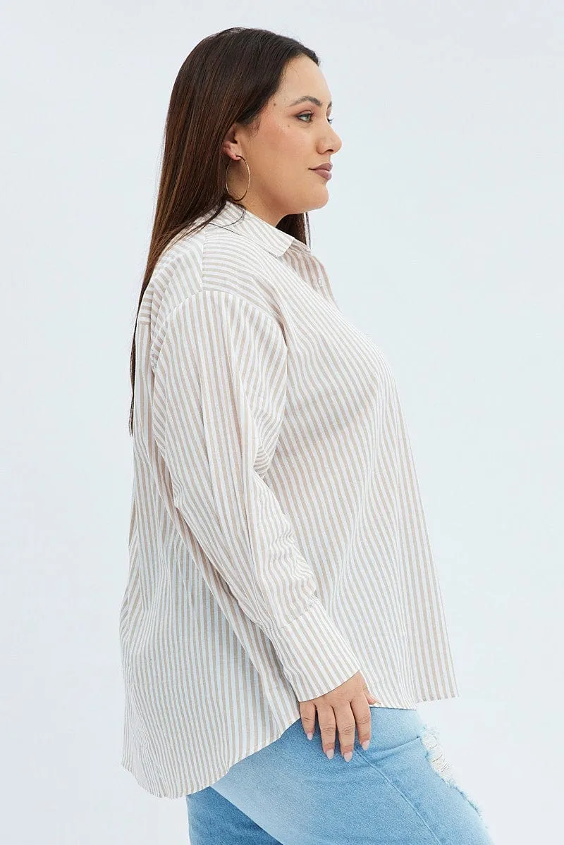 Beige Stripe Relaxed Shirt Long Sleeve