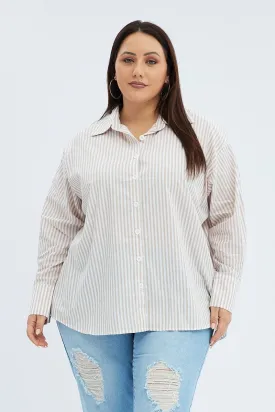 Beige Stripe Relaxed Shirt Long Sleeve