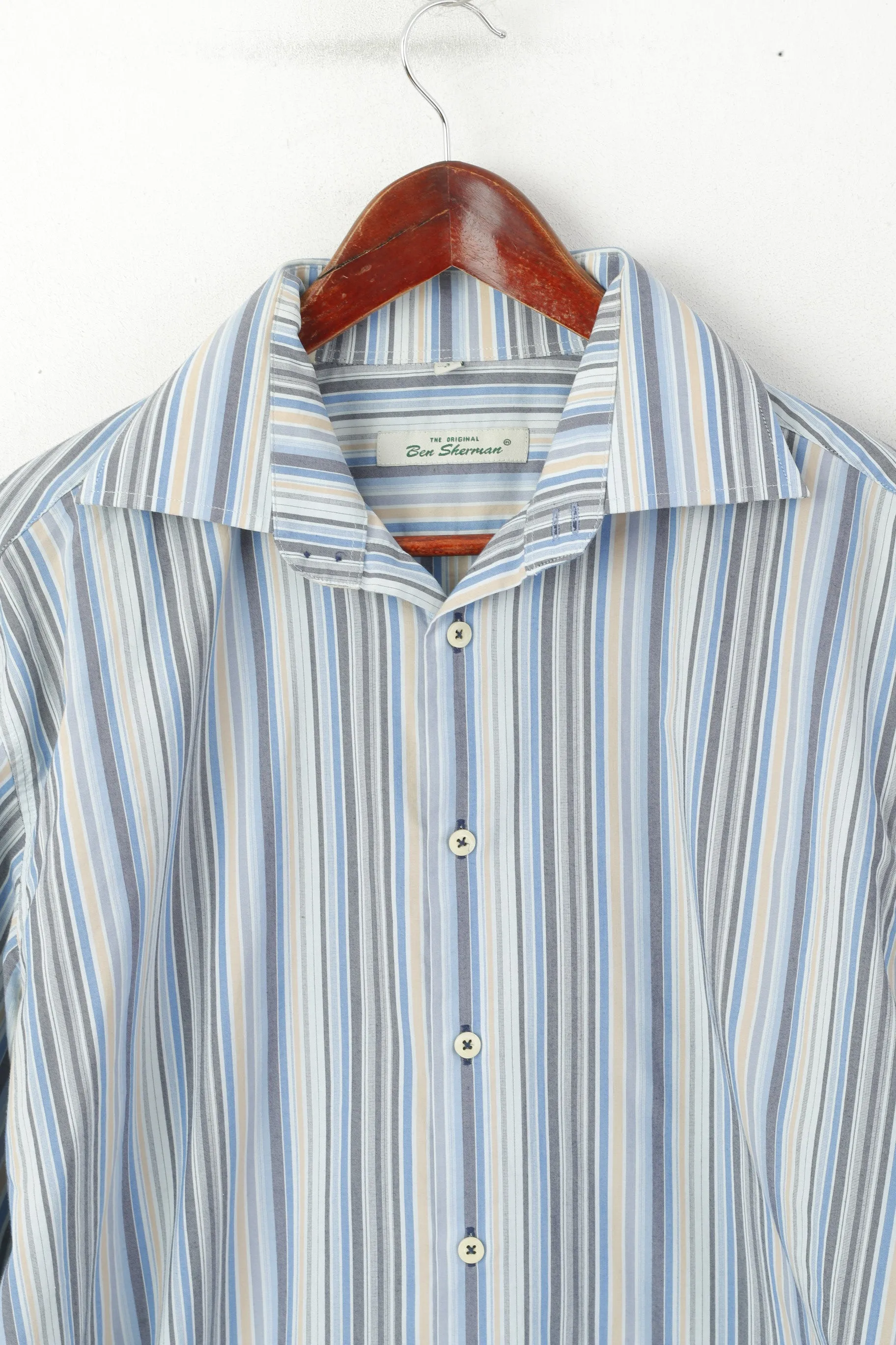 Ben Sherman Men L Casual Shirt Blue Striped Cotton Long Sleeve Top