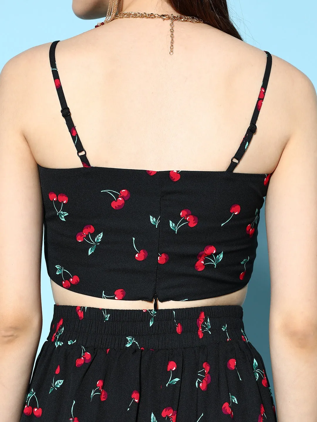 Berrylush Women Black & Red Cherry Printed Square Neck Crop Top & Tie-Up Front Shorts With Shrug