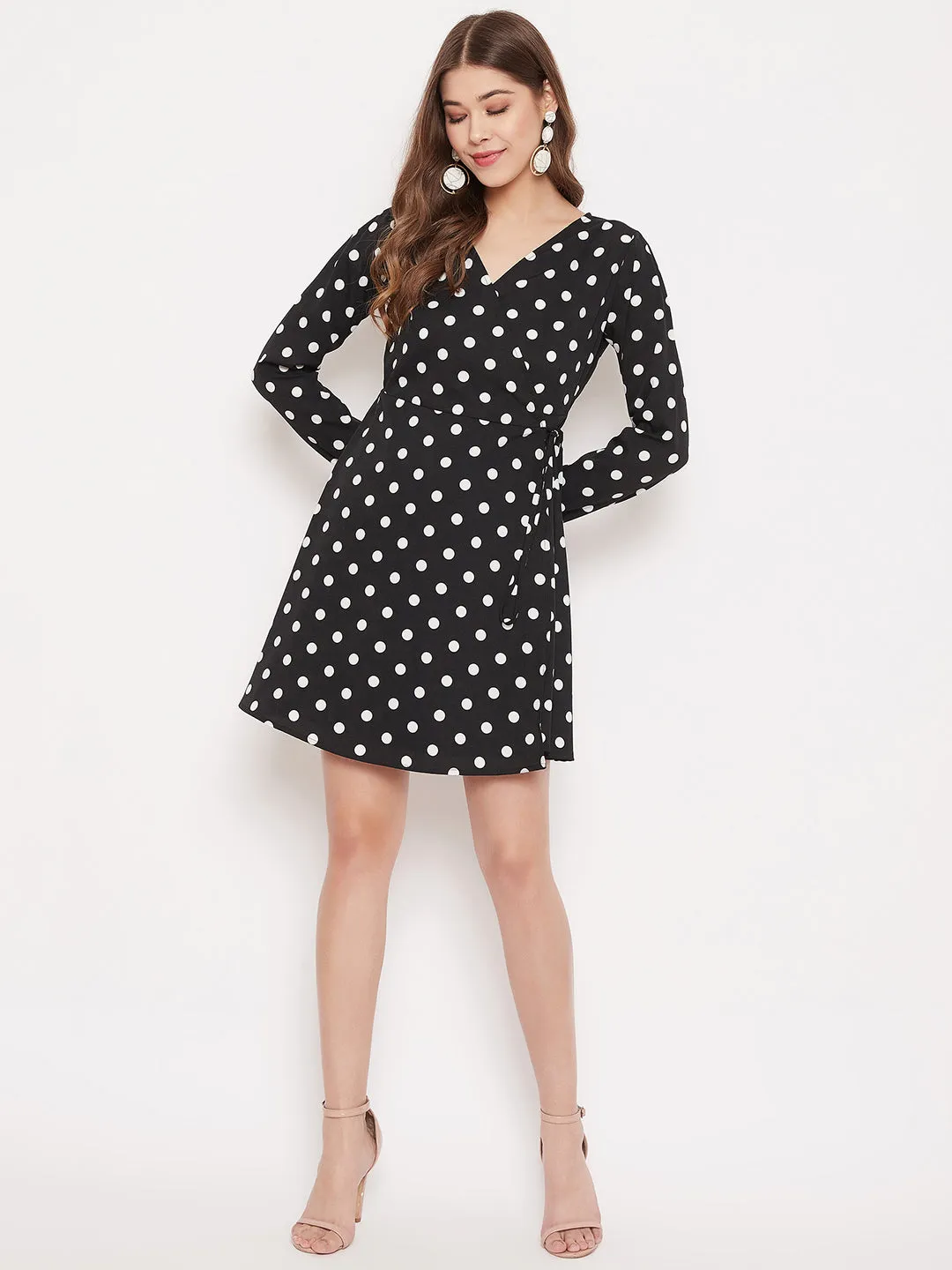 Berrylush Women Black & White Polka Dot Printed Wrap Mini Dress