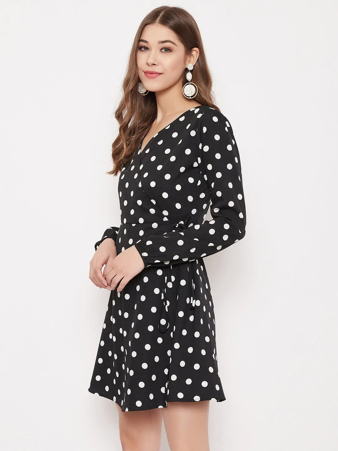 Berrylush Women Black & White Polka Dot Printed Wrap Mini Dress