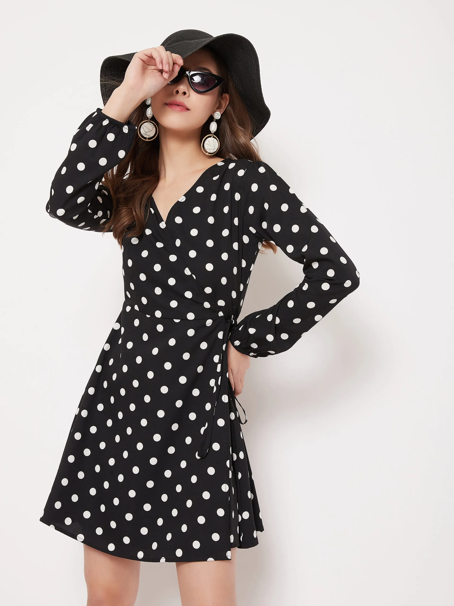 Berrylush Women Black & White Polka Dot Printed Wrap Mini Dress