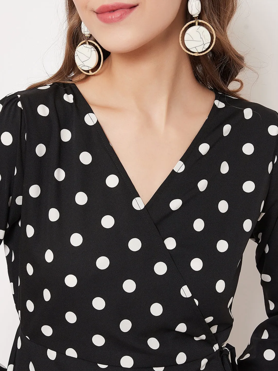 Berrylush Women Black & White Polka Dot Printed Wrap Mini Dress