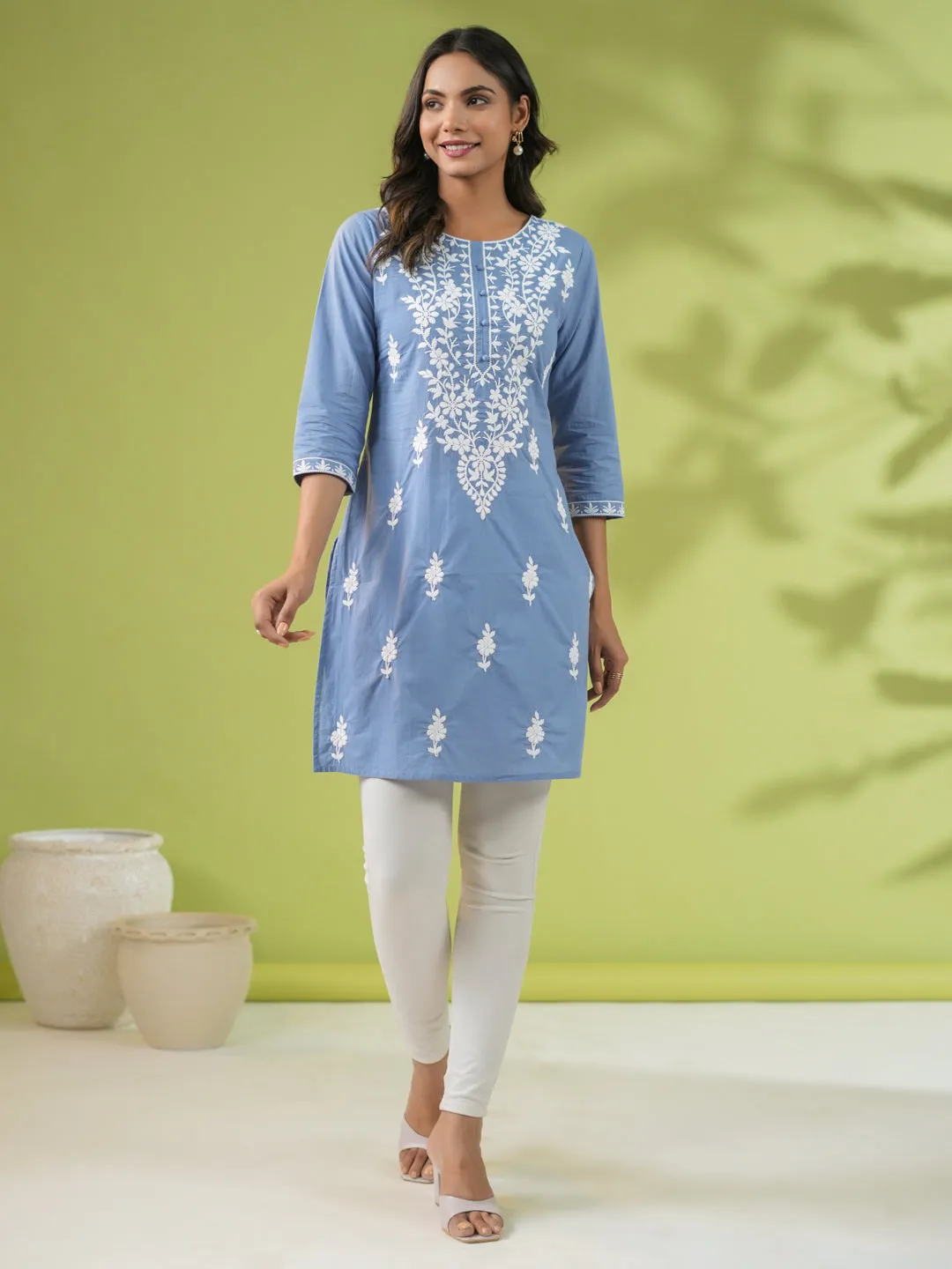 Blue Cotton Embroidered Regular Tunic