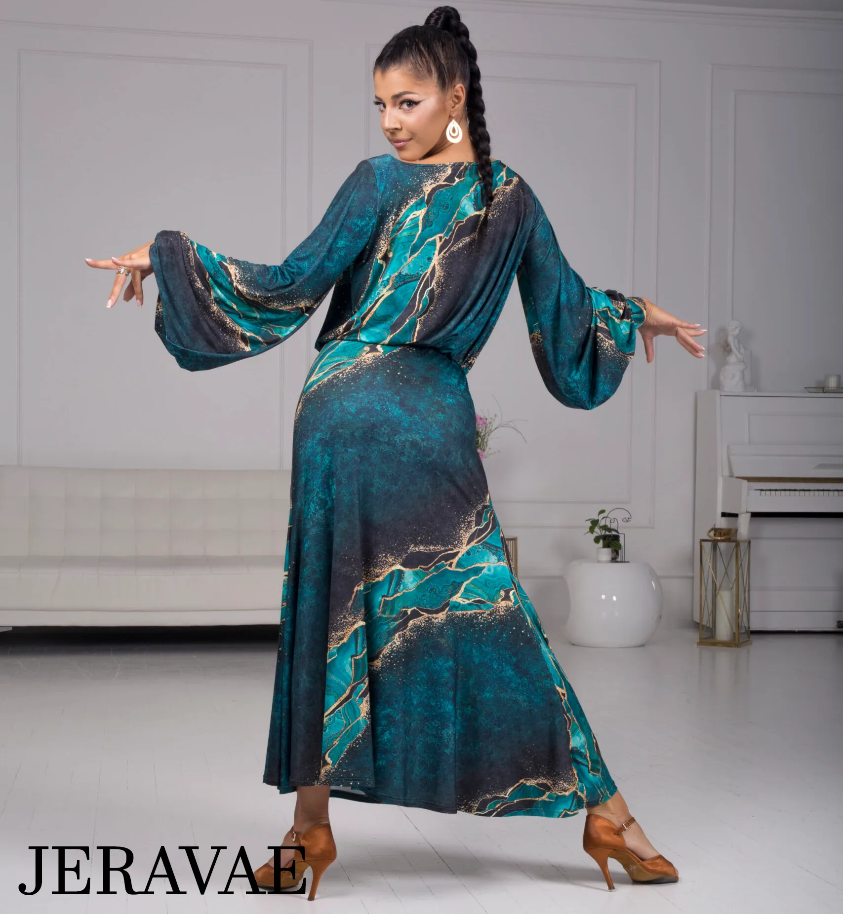 Body Positive Senga Dancewear TRIBAL Turquoise and Gold Pattern Ballroom Practice Dress with Lantern Sleeves and Elastic Waistline in Sizes XL-4XL PRA 968 in Stock