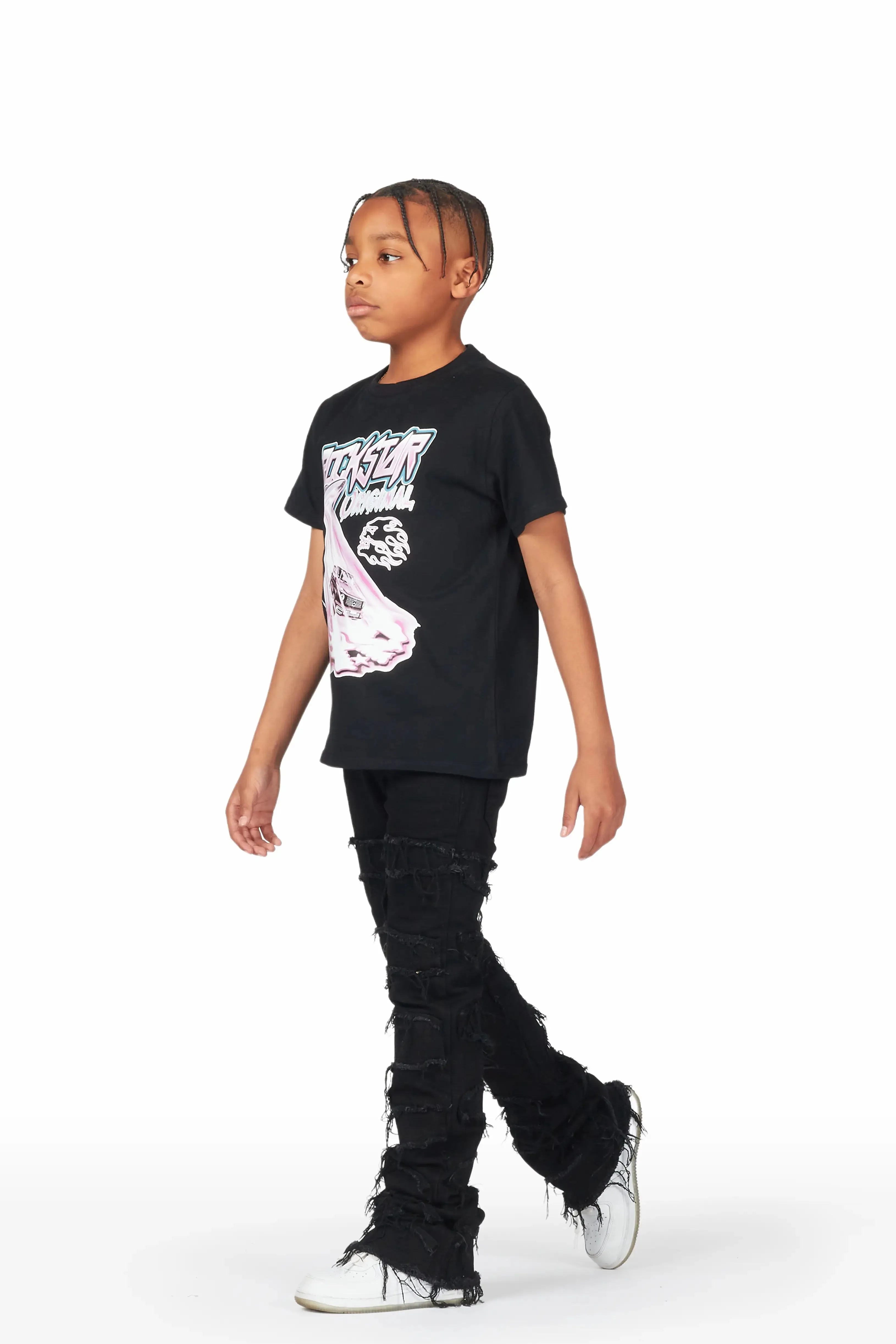 Boys Beno Black T-Shirt/Super Stacked Flare Jean