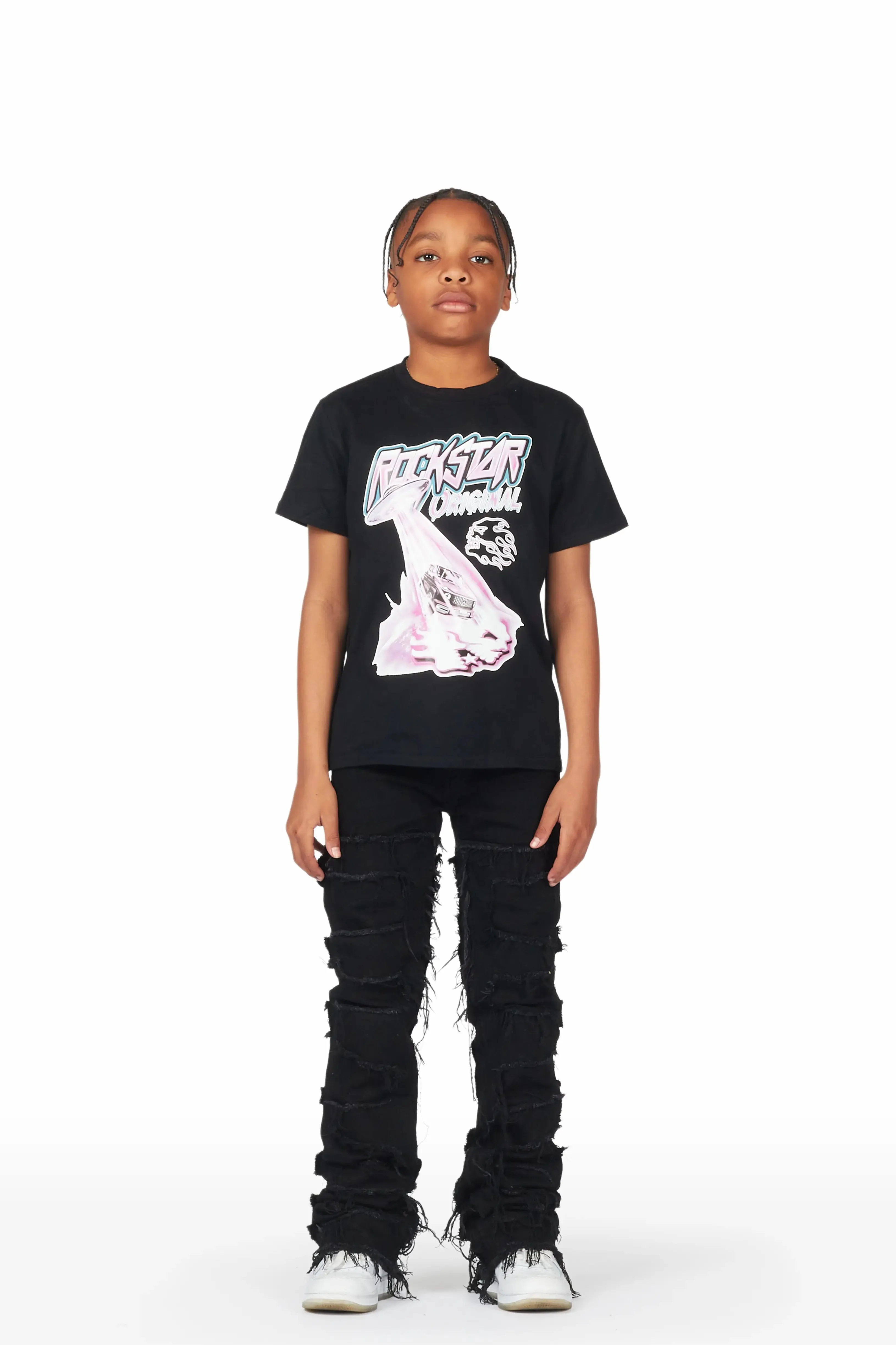 Boys Beno Black T-Shirt/Super Stacked Flare Jean