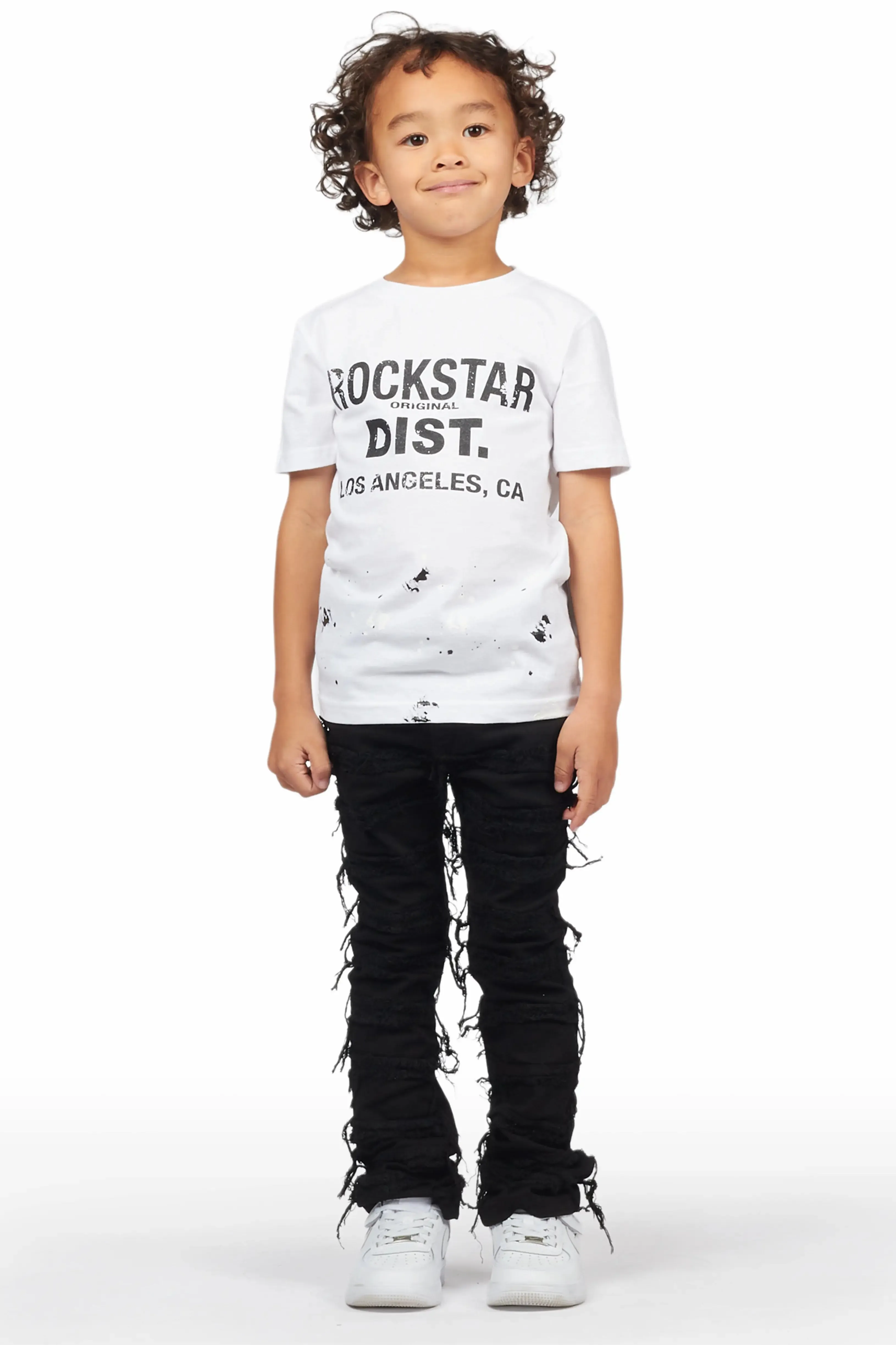 Boys Parkin White T-Shirt/Frayed Skinny Stacked Flare Jean Set