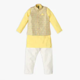 Boy's Regular Fit Jacquard Kurta & Pant with Jacket Set