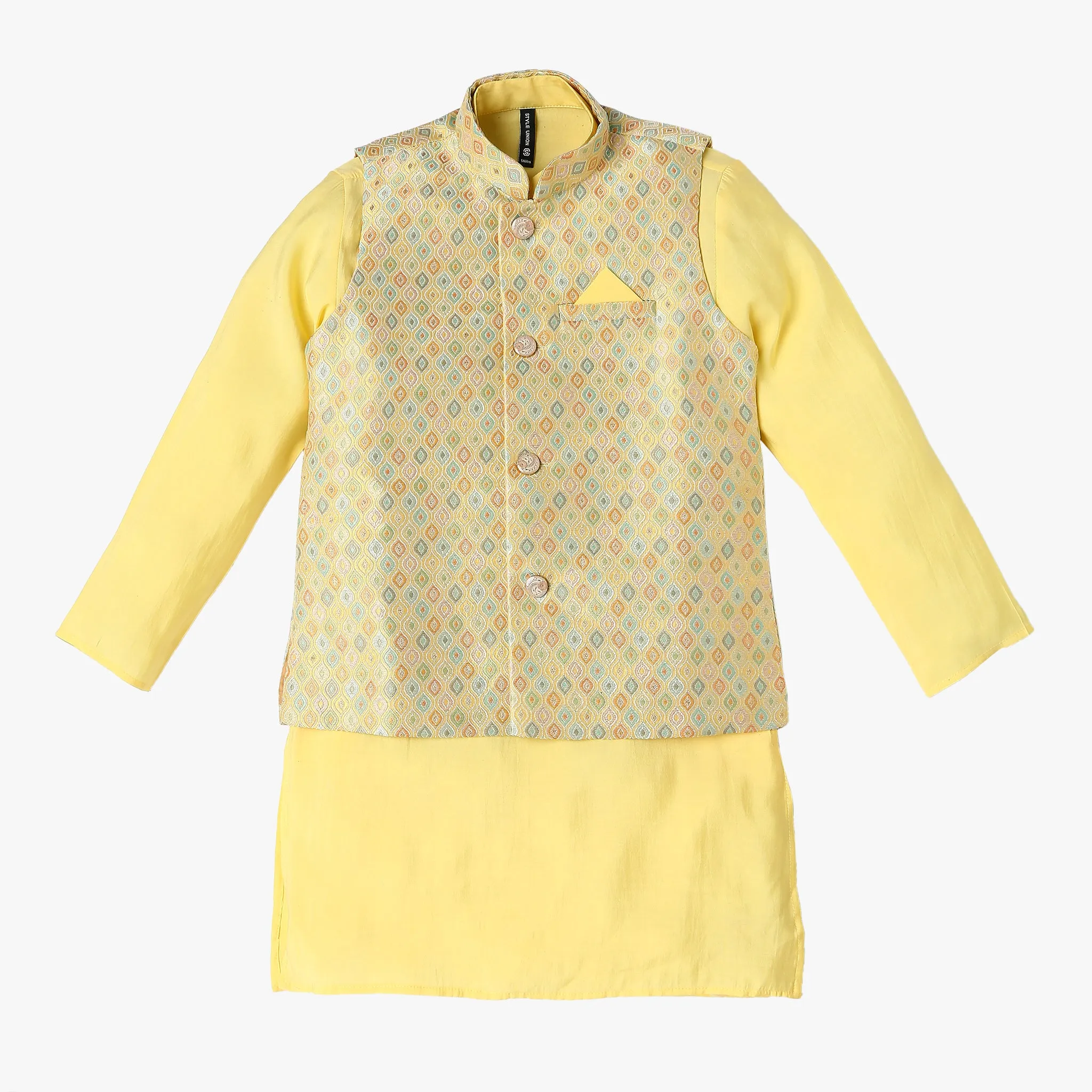 Boy's Regular Fit Jacquard Kurta & Pant with Jacket Set