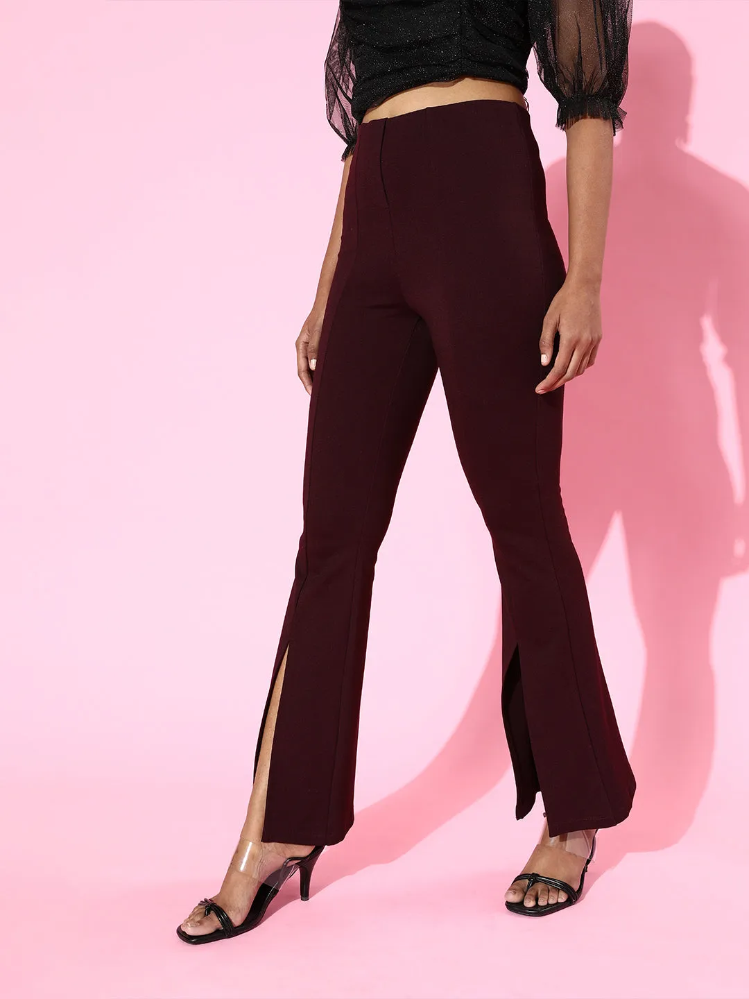 Burgundy Roma Front Slit Bell Bottom Pants