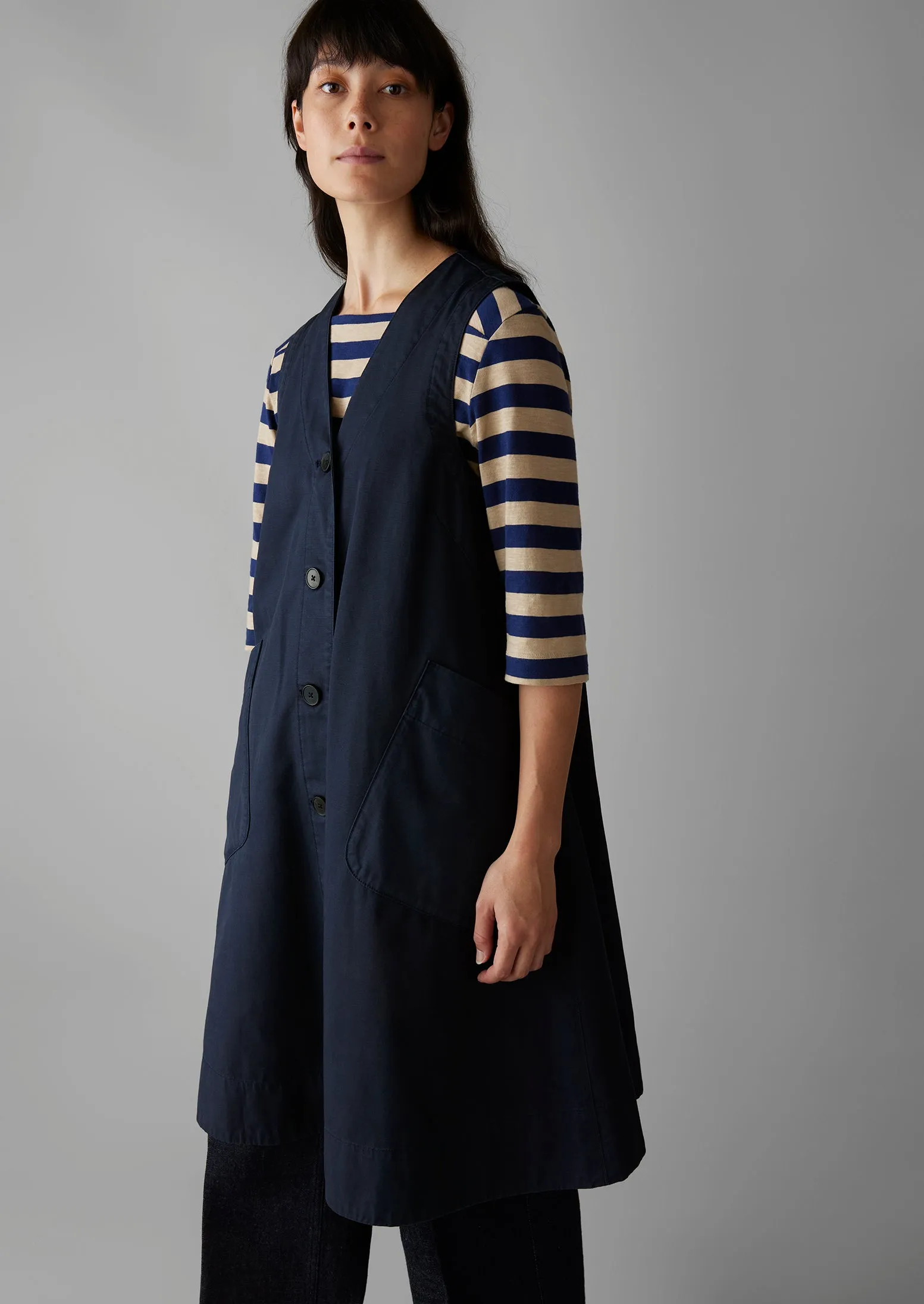 Buttoned A Line Organic Cotton Dress | Liquorice Navy