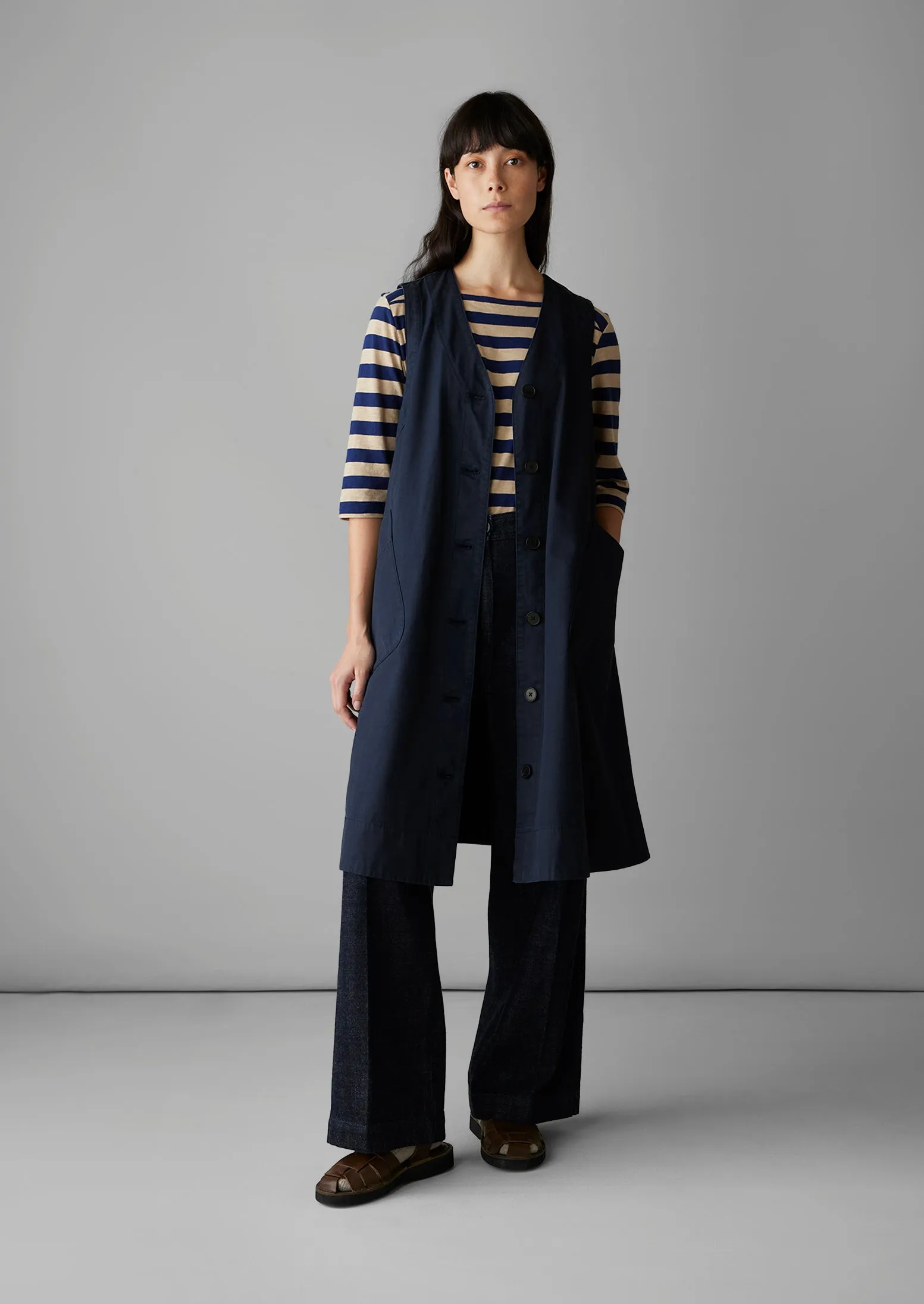 Buttoned A Line Organic Cotton Dress | Liquorice Navy