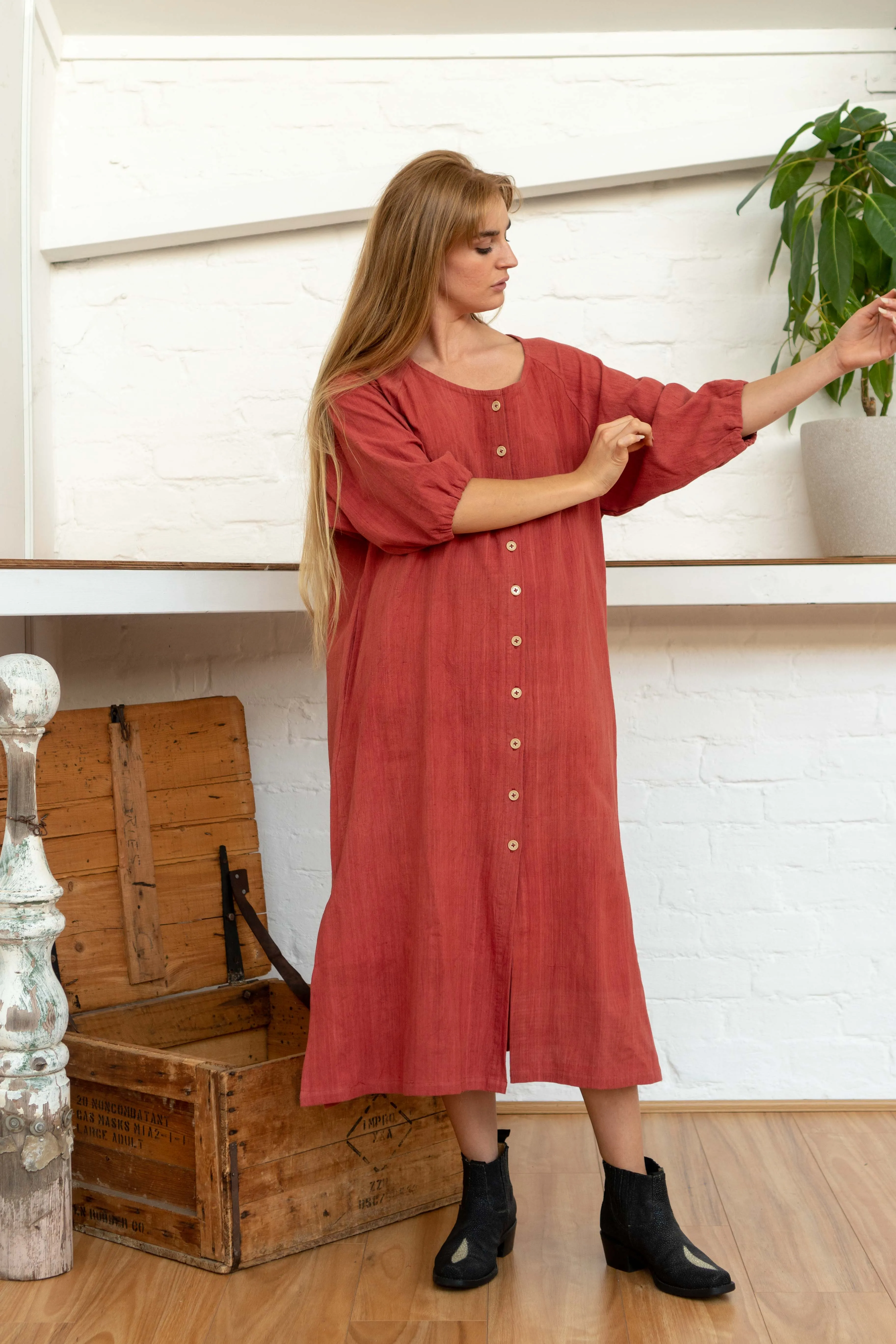 Buttoned Tie Long Dress Madder