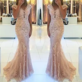 cap sleeve elegant evening dresses long mermaid lace appliqué beaded pink evening gowns