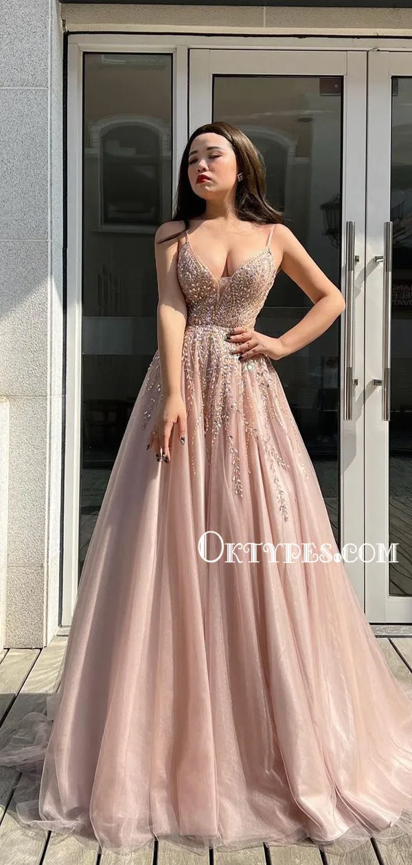 Charming V-neck Spaghetti Straps A-line Tulle Long Prom Dresses, PDS0269