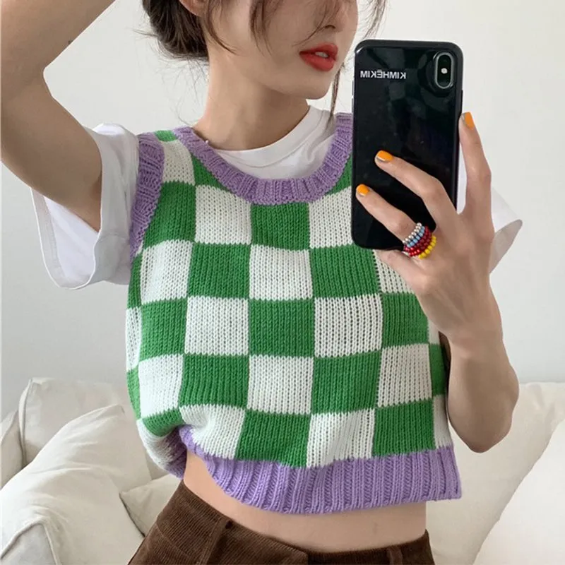 Color Block Ribbed Trimmed Check Knit Vest Cropped Sleeveless Tank Jumper