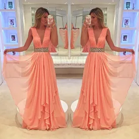 coral beaded prom dresses long deep v neck beaded chiffon a line pleated cheap senior formal prom gown