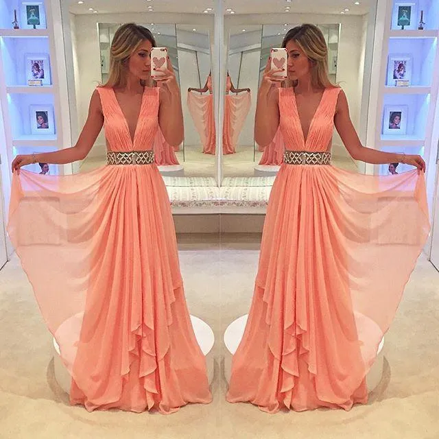 coral beaded prom dresses long deep v neck beaded chiffon a line pleated cheap senior formal prom gown