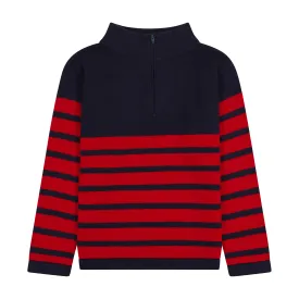 Cotton Boys Zip Sweater Navy Red Stripe