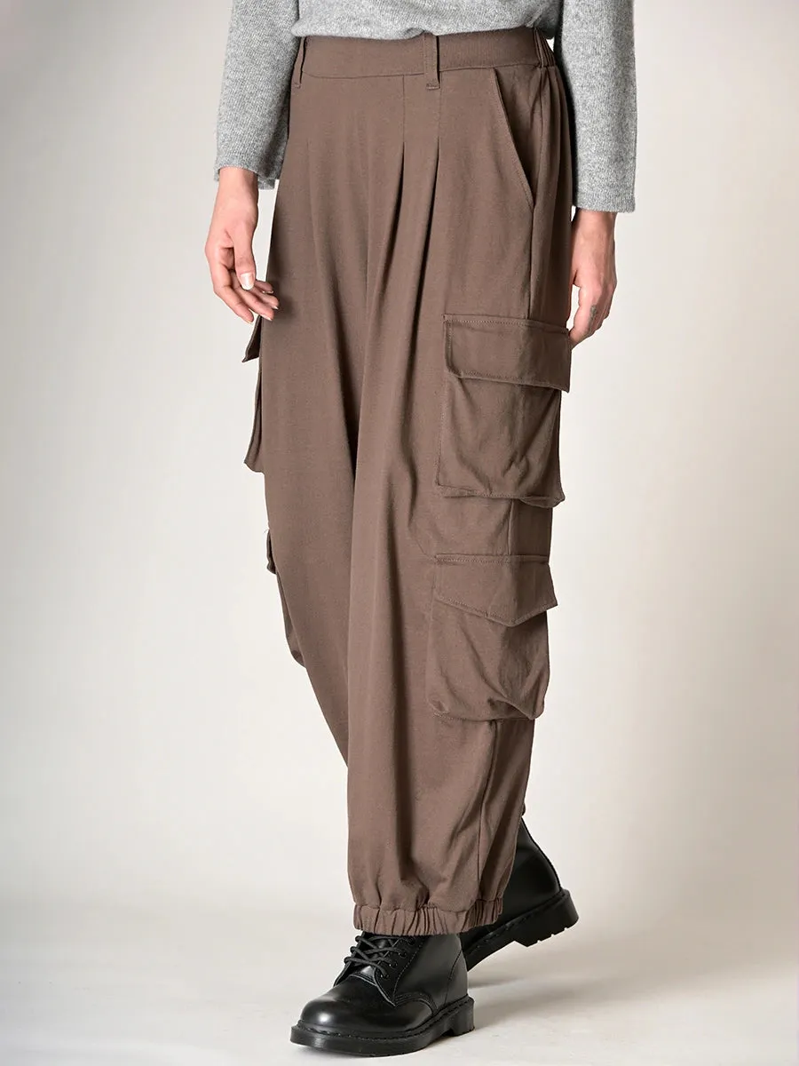 Cotton Jersey Barrel Leg Cargo Trousers with Dual Pockets