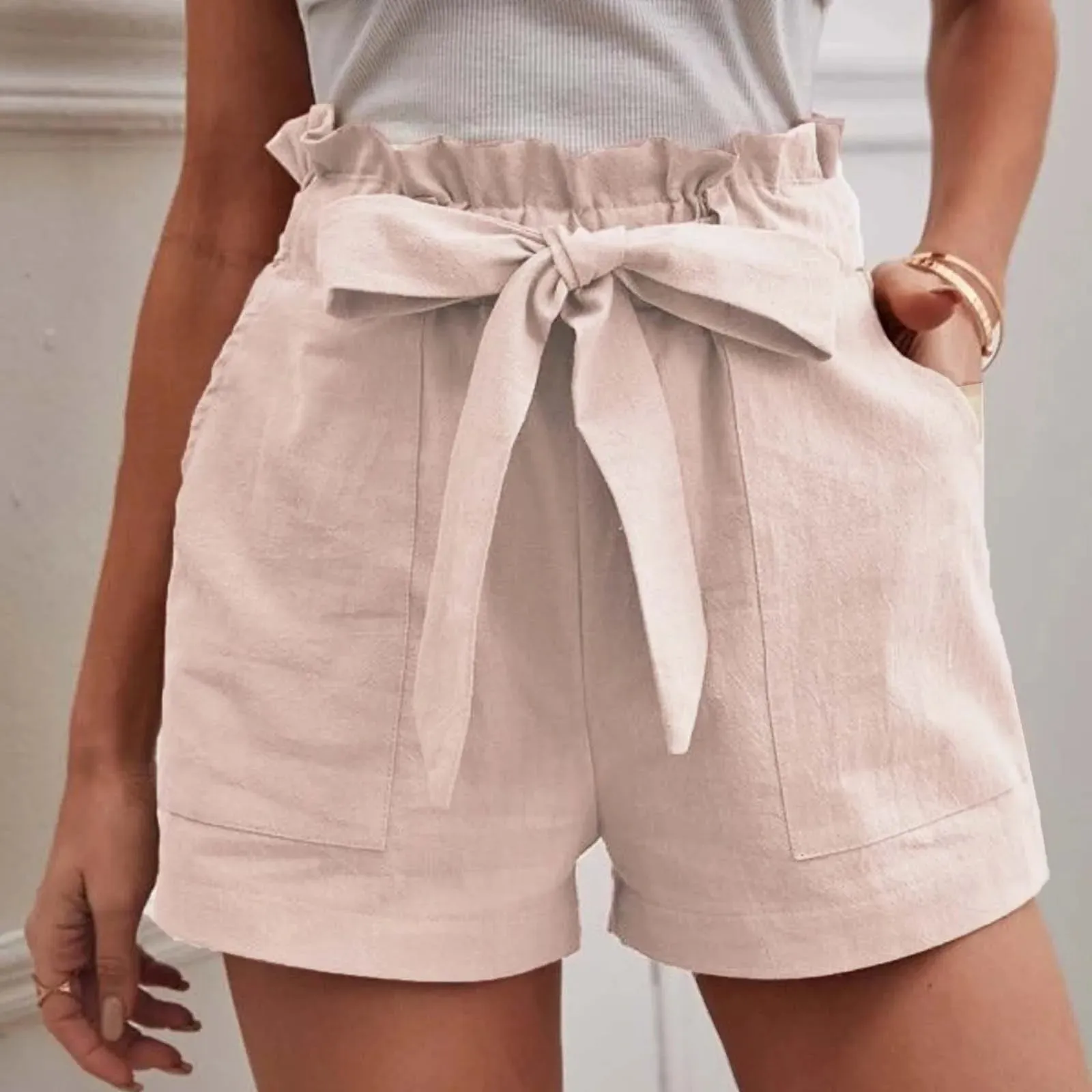 Cotton Wide Leg For Women Casual Comfy Lace Up Elastic Waist Summer With Pockets Female Skort Mujer 2024 Short