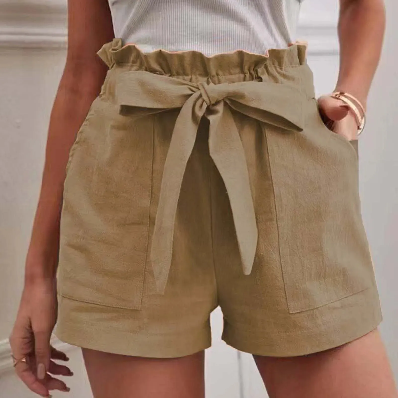 Cotton Wide Leg For Women Casual Comfy Lace Up Elastic Waist Summer With Pockets Female Skort Mujer 2024 Short