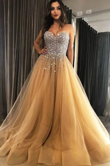 crystals champagne prom dresses long sweetheart neckline beaded elegant a line prom gown