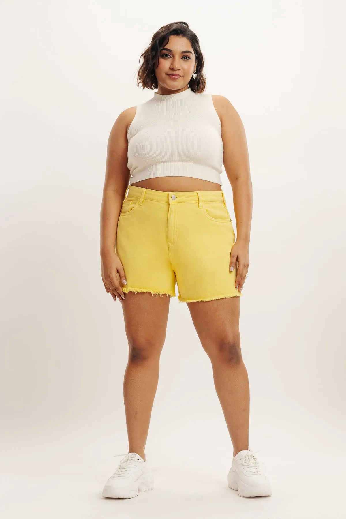 Curve Yellow Frayed Hem Denim Shorts