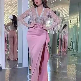 deep v neck tassel evening dresses long sleeve beaded pink mermaid arabic formal evening gown