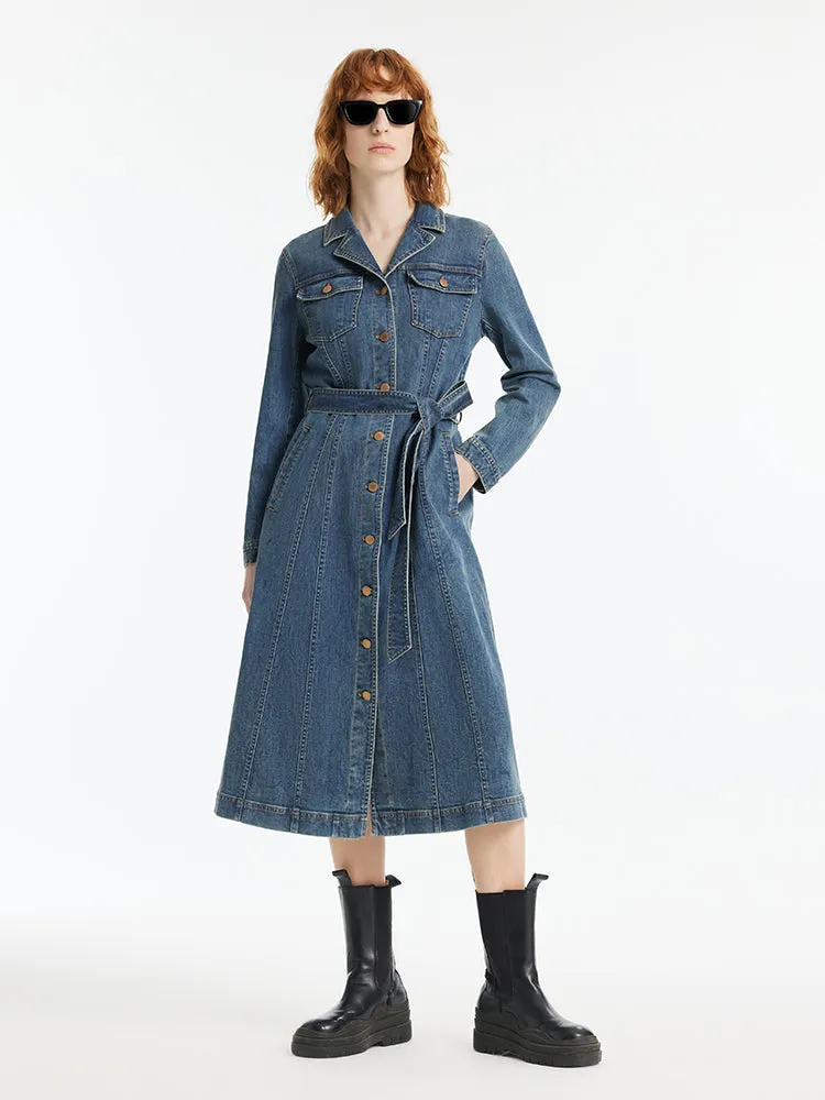 Denim Lapel Single-Breasted Women Midi Dress With Belt